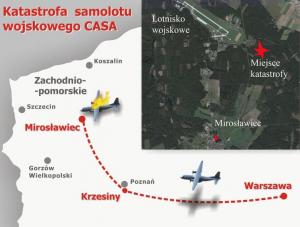 Trasa ostatniego lotu samolotu Casa, który rozbił się pod Mirosławcem