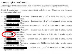 Fragment zamówienia BOR na wywóz śmieci